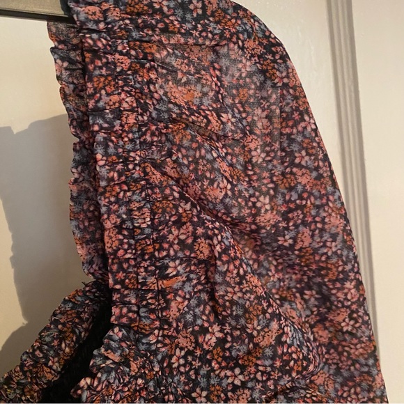 New NWT 1. State long sleeve semi sheer floral shirred blouse top black pink L - Picture 11 of 12